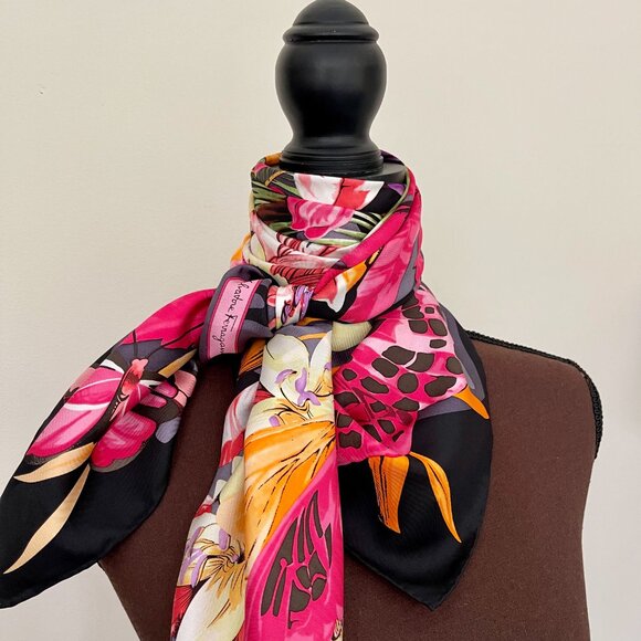 Salvatore Ferragamo Scarf Butterfly Flowers Black Multicolor Silk Wrap - Picture 14 of 16
